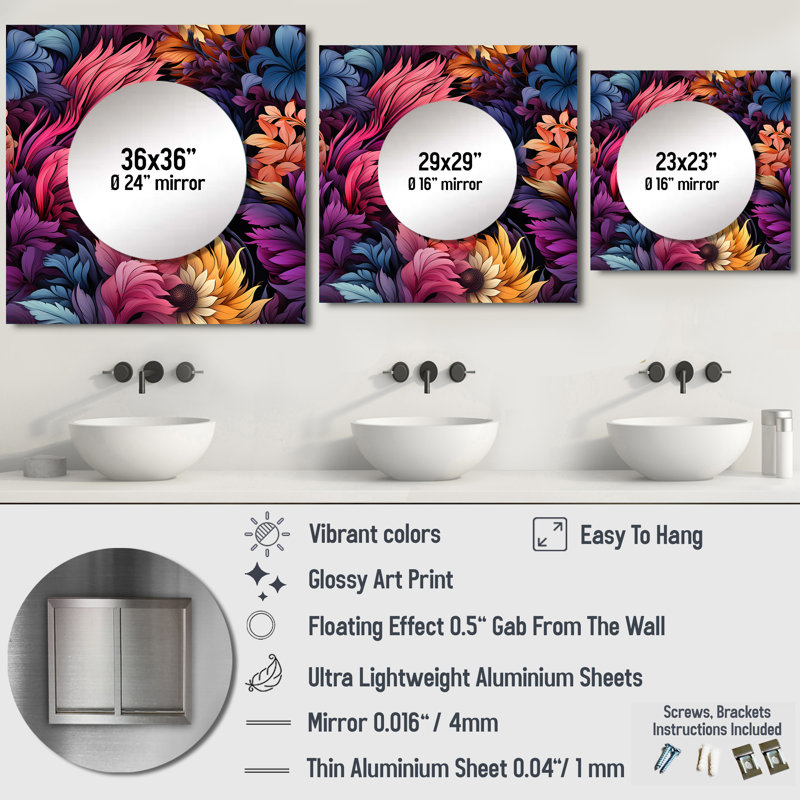Boho rose et bleu Feather Fusion - grand miroir mural carré décoratif floral pour chambre à coucher, 23 po x 23 po