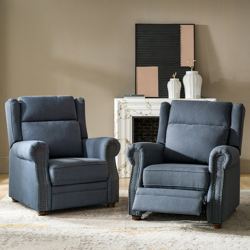 Gunthrop 36''W Traditional Manual Push Back Recliner with Rolled Arms(Set of 2), Blue