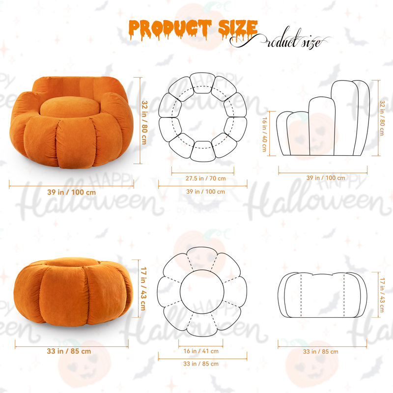 Geometric Comfort Wowmax 33 Inches Pumpkin Shape Ottoman Coffee Table, Modern Pumpkin Upholstered Ottoman Coffee Table, Extra Large Round Ottoman For Living Room Lounge, Orange
