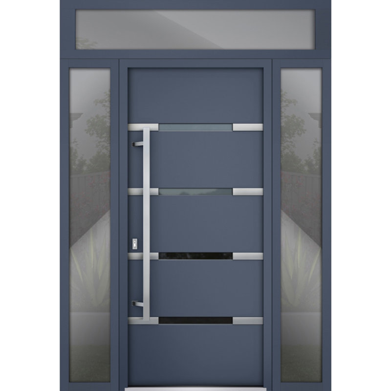 Porte avant en acier pré-suspendue à l'avant / deux graphite gris 1105/2 fenêtres extérieures latérales et supérieures / inserts en acier inoxydable peints modernes simples - l 14 + 36 + 14 po x H 80 + 16 po - Ouverture à droite