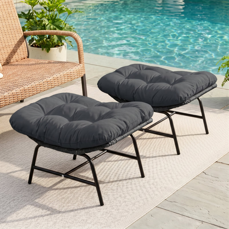 Nellysford Wicker Outdoor Ottoman (Set of 2), Upholstered Patio Footrest with Metal Frame for Deck, Porch Lounge Chair, Gray