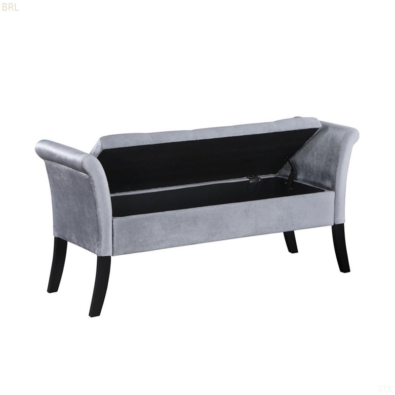 Banc de rangement rembourré en velours avec accoudoirs roulés, Argent argent