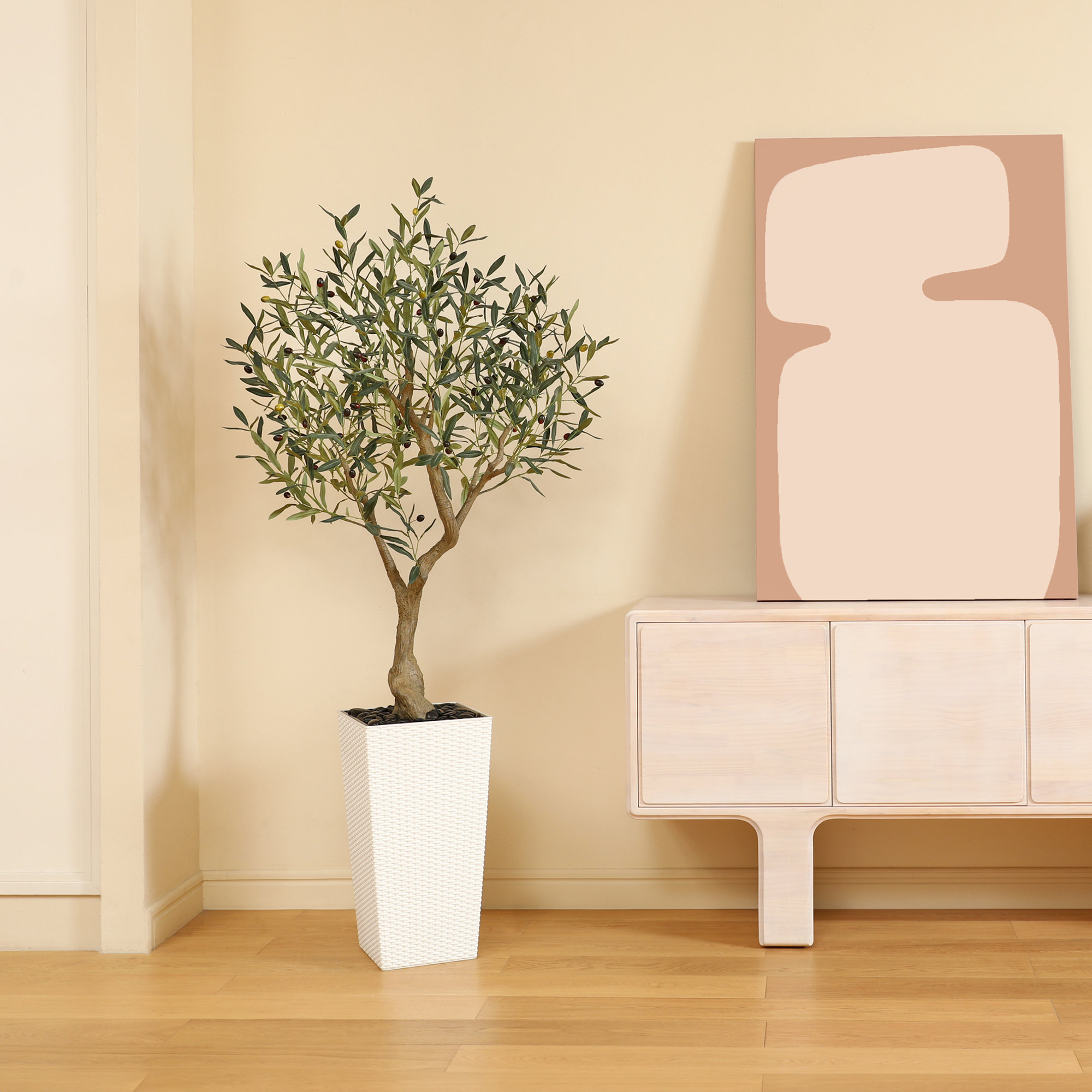 Adcock Artificial Olive Tree UV Resistant with Tall Planter, Faux Olive Tree for Outdoor Decor, 72" H x 24" W x 24" D, White