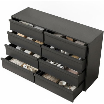 Meuble télé à 8 tiroirs pour téléviseur de 75 pouces, noir, centre multimédia en bois de 54 pouces de large, grand espace de rangement, console multimédia