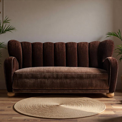 Retro Velvet Brown Curved Three-Seater Sofa