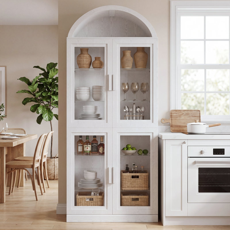  Garde-manger de 62 po de hauteur Zolan avec 4 portes en verre et garde-manger en bois avec 4 tablettes, White