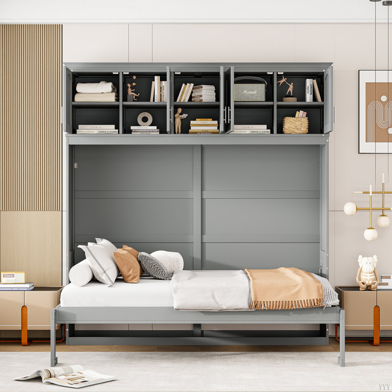 Lit escamotable mural avec armoires supérieures Murphy, Gris, Lit double