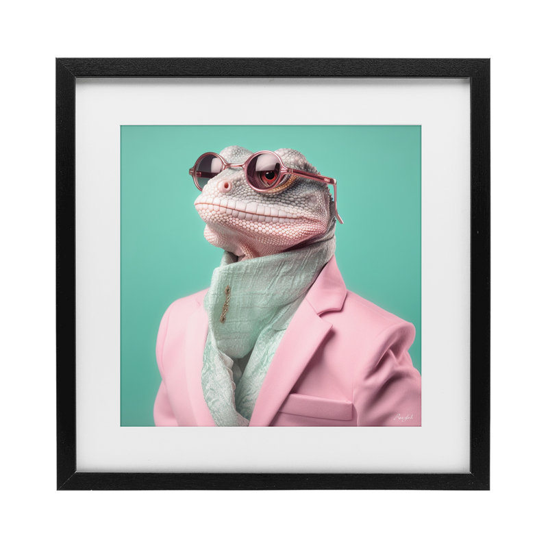 Hipster Iguana Portrait, reproduction encadrée sous verre, design par Roozbeh, H 13 po x l 13 po, Cadre noir minuit