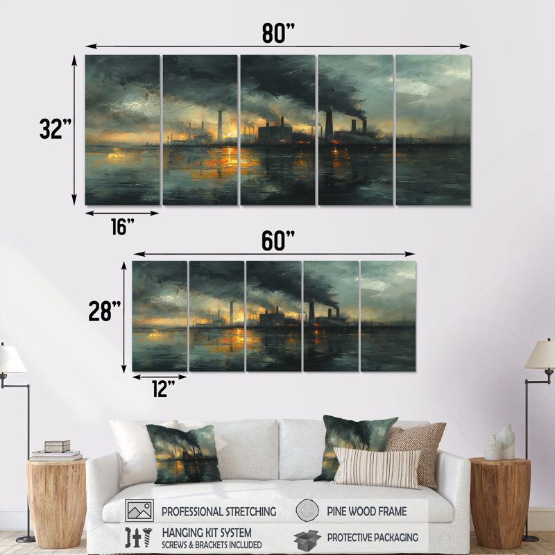 Ensemble d'art mural sur toile gris et charbon - centrale électrique II, H 32 po x l 80 po