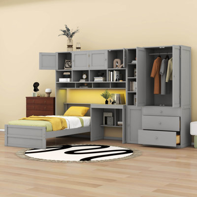 Twin Size Platform Bed With Desk And Wardrobe, All-In-One Wooden Storage Bed With Light, 3 Drawers, Cabinets & Shelves