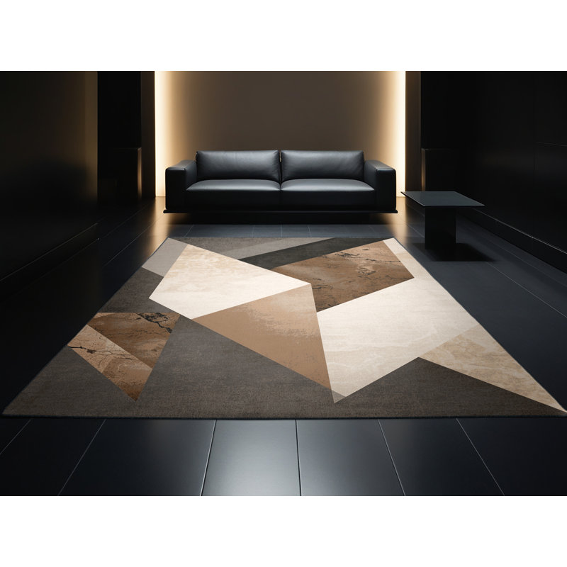 Soft Plush Ealey Modern Geometric Area Rug in Brown – Black Binding, 6' Square