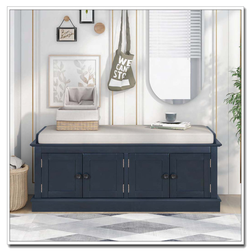Banc de rangement avec 4 portes et tablettes réglables, coussin amovible, Marine antique