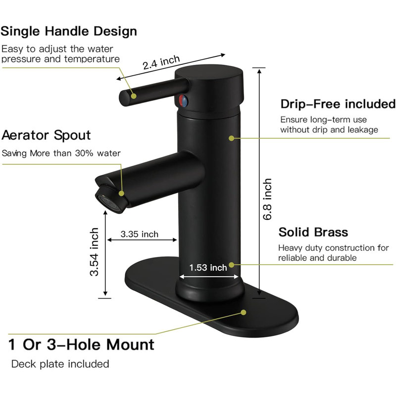 Single-handle Bathroom Faucet with Drain Assembly, Matte Black