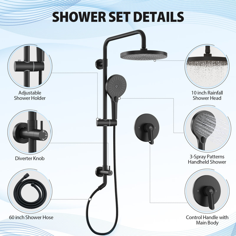 10-Inch Black Round Handheld Rain Shower System with Adjustable Height