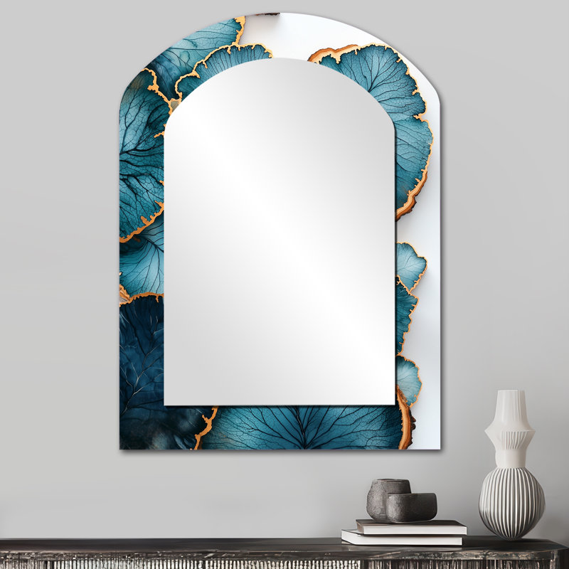 Agate River Of Leaves Wood Slide I - Leaves Arch, miroir mural unique, grand miroir asymétrique bleu, 34 po x 25 po