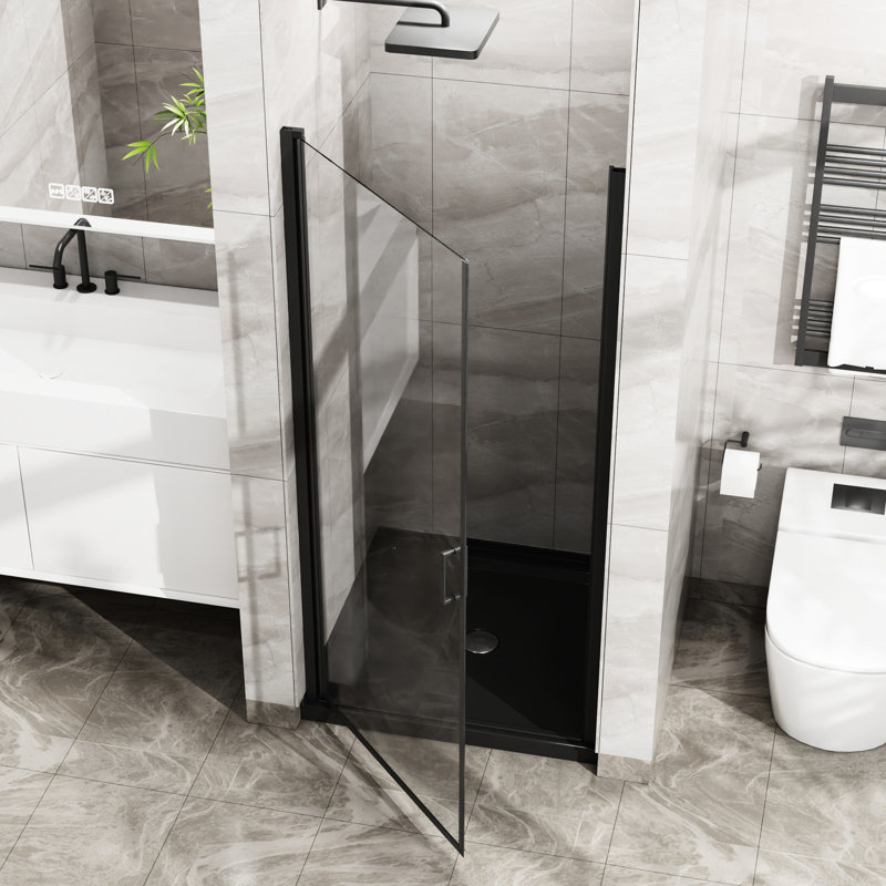 Black Finish 34"X72" Shower Door, 1/4" Tempered Glass, Semi-, Waterproof Sealing, Robust Zinc Alloy Handle, 180 Revolving Pivot, 90 Door Water Resistance Enhancement Glass Swing Thick, Feature,