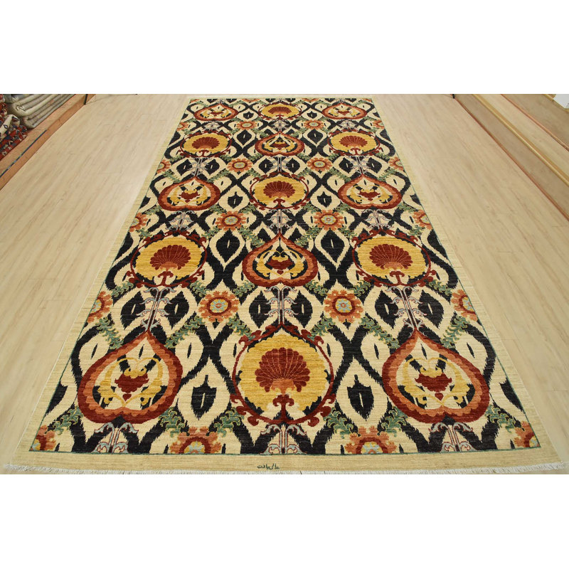 Tapis oriental en laine beige moderne noué à la main 7 pi 10 po x 13 pi Suzani Ziegler