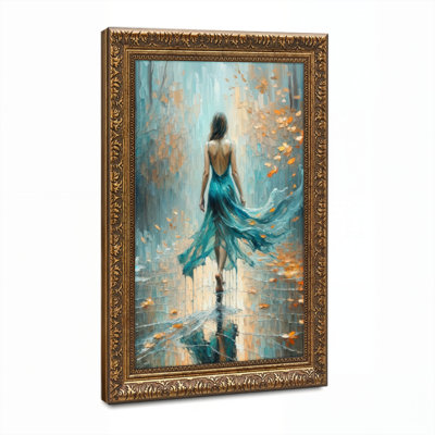 Art mural en toile noyer doré encadré pour salon, chambre à coucher, bureau ou vestibule - décoration murale décorative avec promenade d'automne