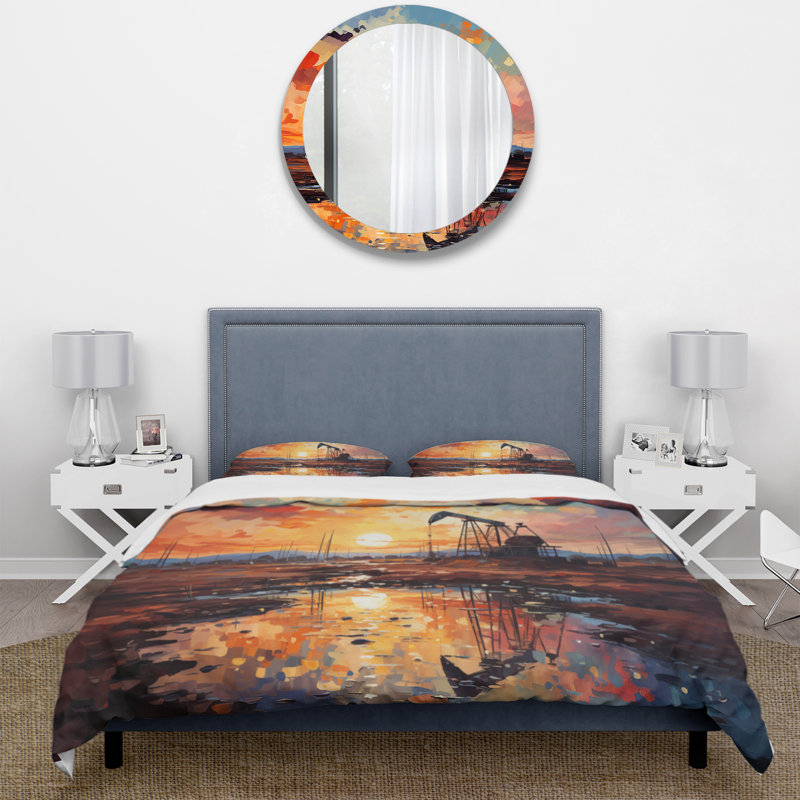 Ensemble de housse de couette Orange Oil Rigs Pumpjack In Texas II BeddingMicrofiber / Polyester