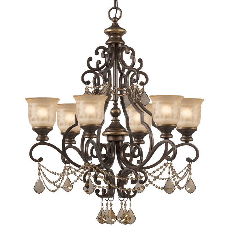 Lustre traditionnel 6 lumières à abat-jour en cristal Tusten, Majestueux teck or