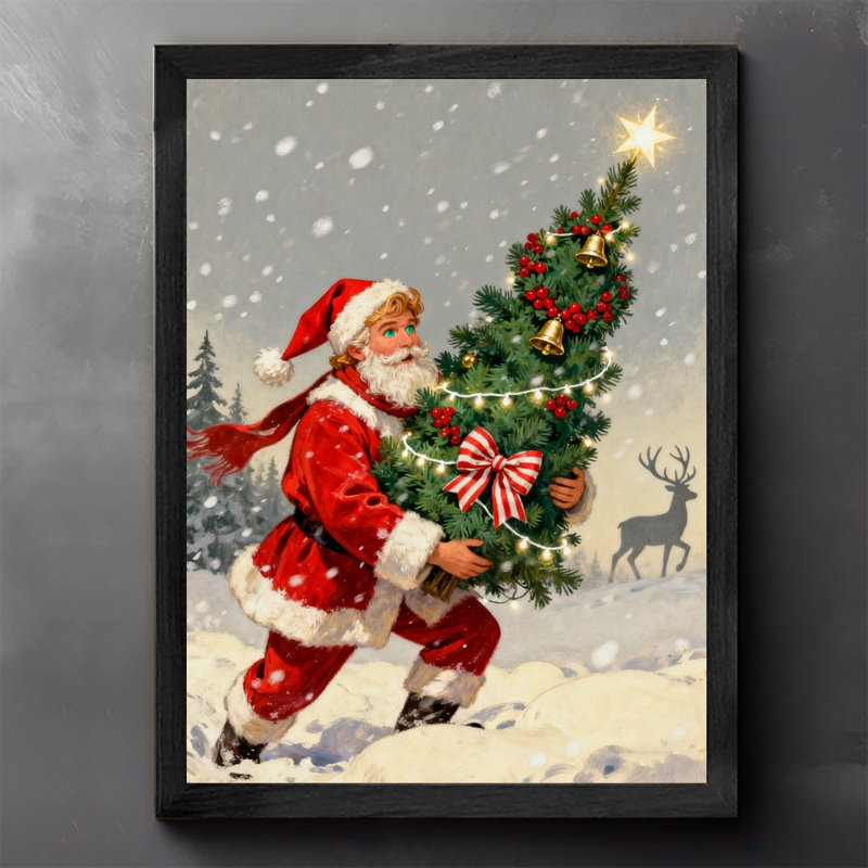 Art mural rétro noir avec père Noël et arbre de Noël, impressions de style rétro, H 17 po x l 13 po