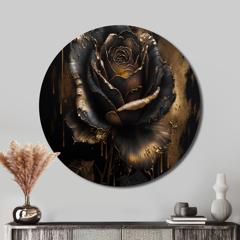 Noir et rose doré I - Art floral rond en métal, H 16 po x l 16 po