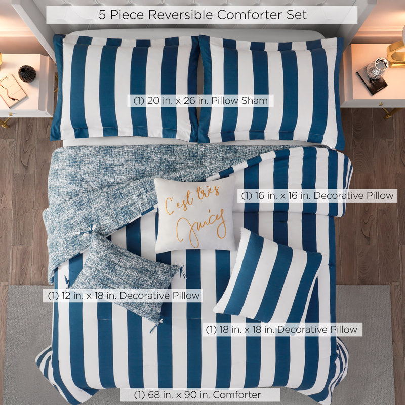 Juicy Couture Cabana Stripe Comforter Sets, Twin/Twin XL Comforter + 1 Sham + 3 Throw Pillows, Gray/Pink