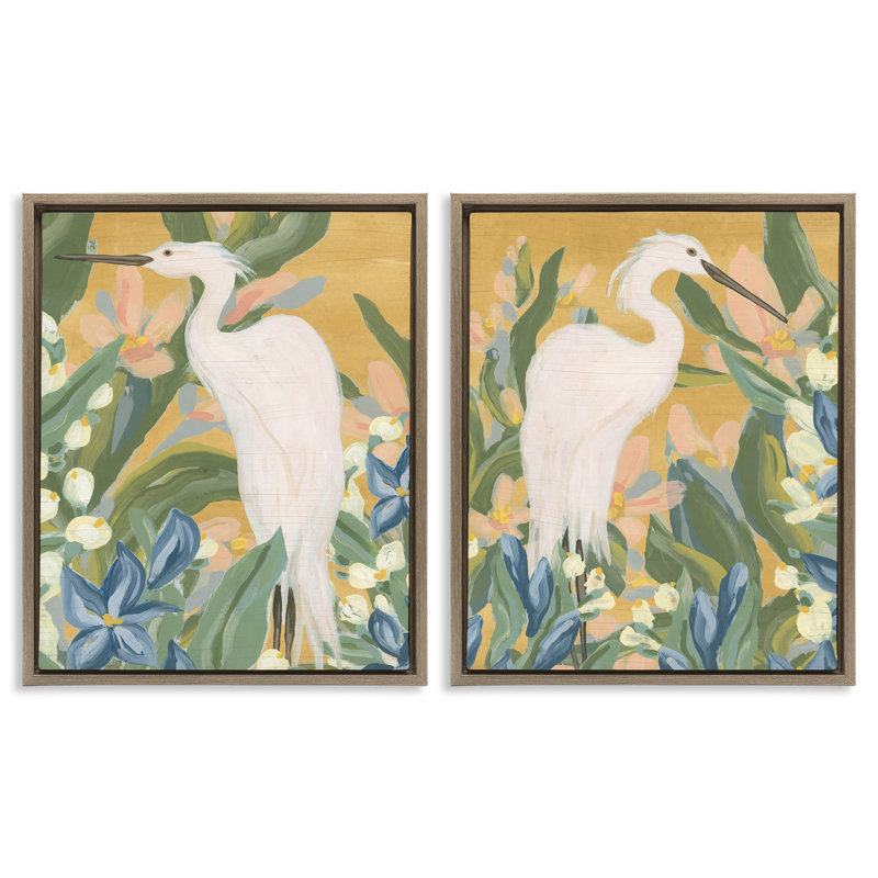 «Great Egret in Blooming Bushes», ensemble de 2 toiles flottantes encadrées brunes par June Erica Vess, H 21 po x l 17 po