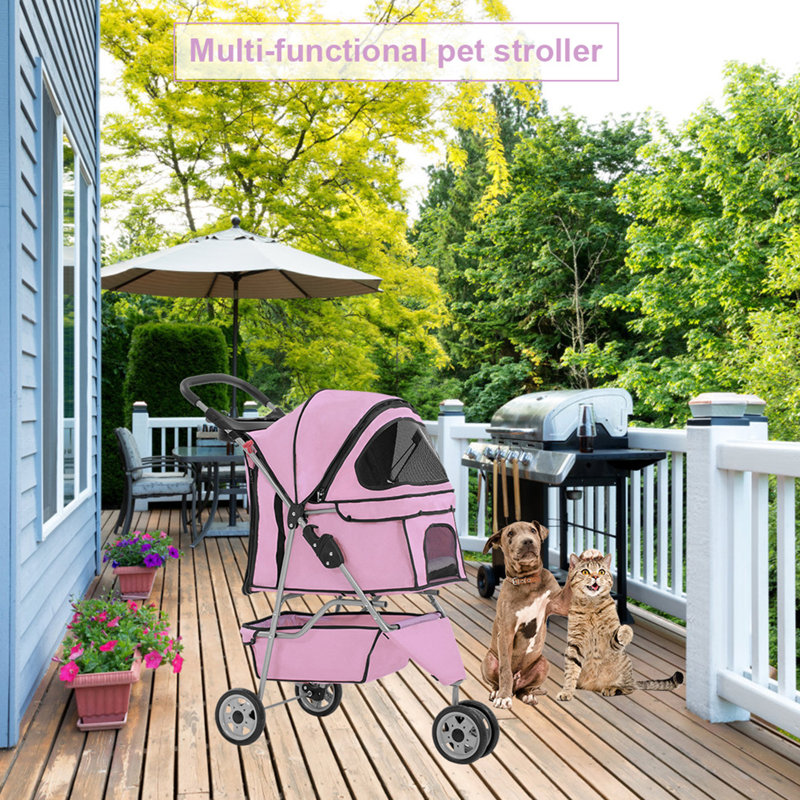 Pink 3-Wheel Folding Pet Stroller for Dogs and Cats