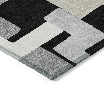 8' Black Ivory And Beige Round Geometric Washable Indoor Outdoor Area Rug