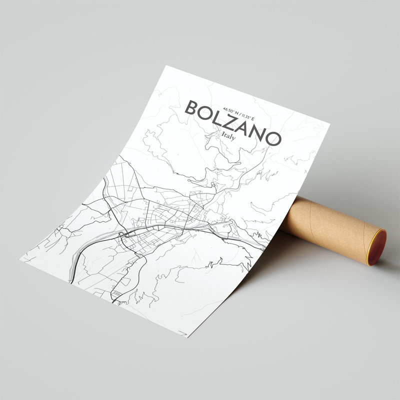 «Bolzano City Map», impression, H 17 po x l 11 po x P 0,05 po, Gris / blanc
