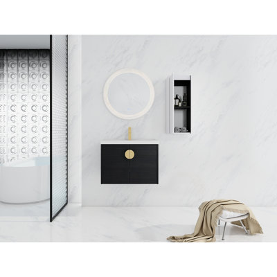 Meuble-lavabo de salle de bain avec lavabo en céramique et armoire d'appoint - Style moderne, châtaignier noir, structure et organisation