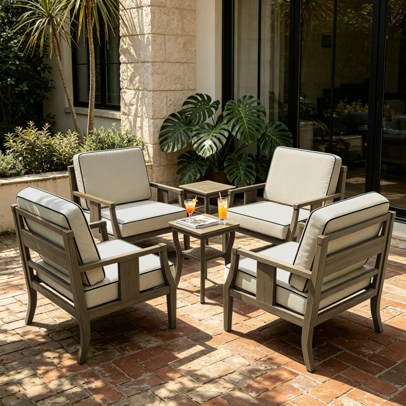Ensemble de conversation d'extérieur en teck pour quatre personnes avec coussin et deux tables d'appoint, Chameau clair, Brun