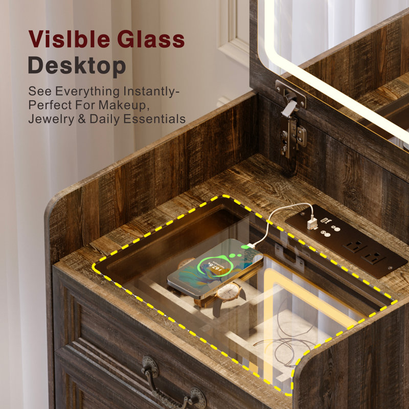 3-in-1 Compact Vanity Desk With Flip-top 3-color Led Mirror And Charging Station, Brown