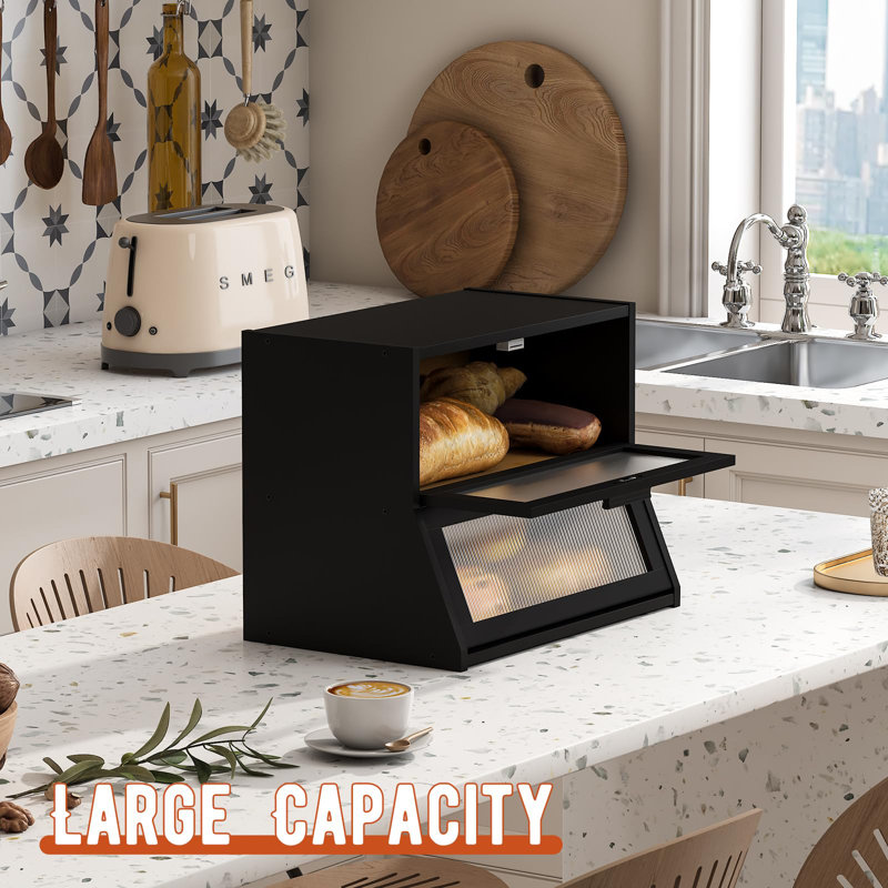 Bamboo Bread Box For Kitchen Counter,Large Capacity Bread Storage Bin,Bread Container With Acrylic Wavy Door Panel (Black, Medium)