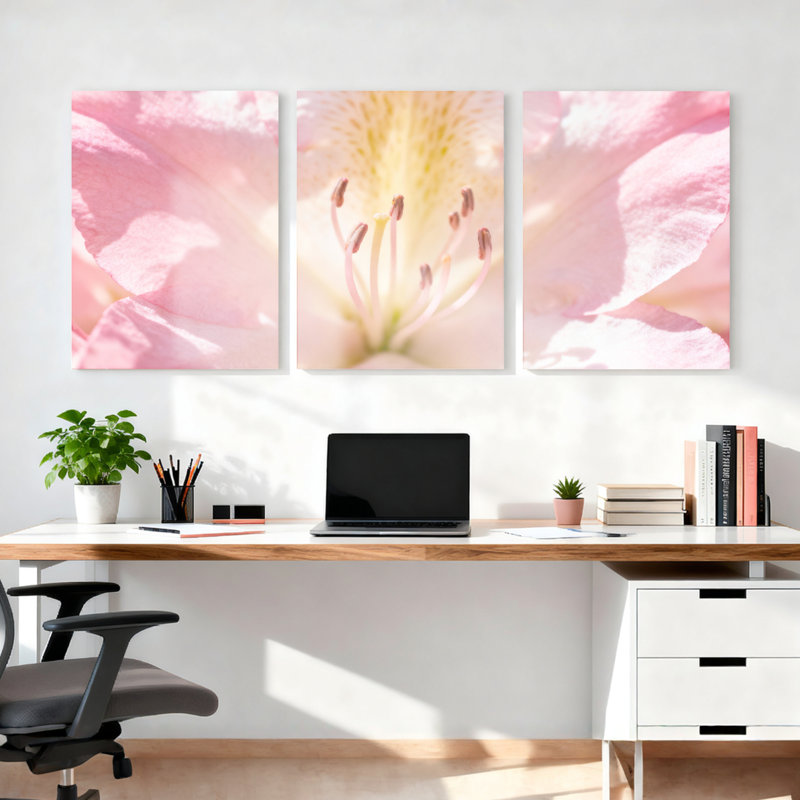 Ensemble de 3 tableaux sur toile tendue représentant des fleurs roses en gros plan, pour la décoration du salon et de la chambre.