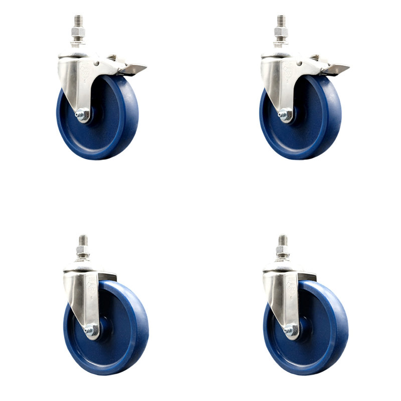 5 Inch 316SS Solid Polyurethane ½ Inch Threaded Stem Caster Set 2 Lock Brake SCC