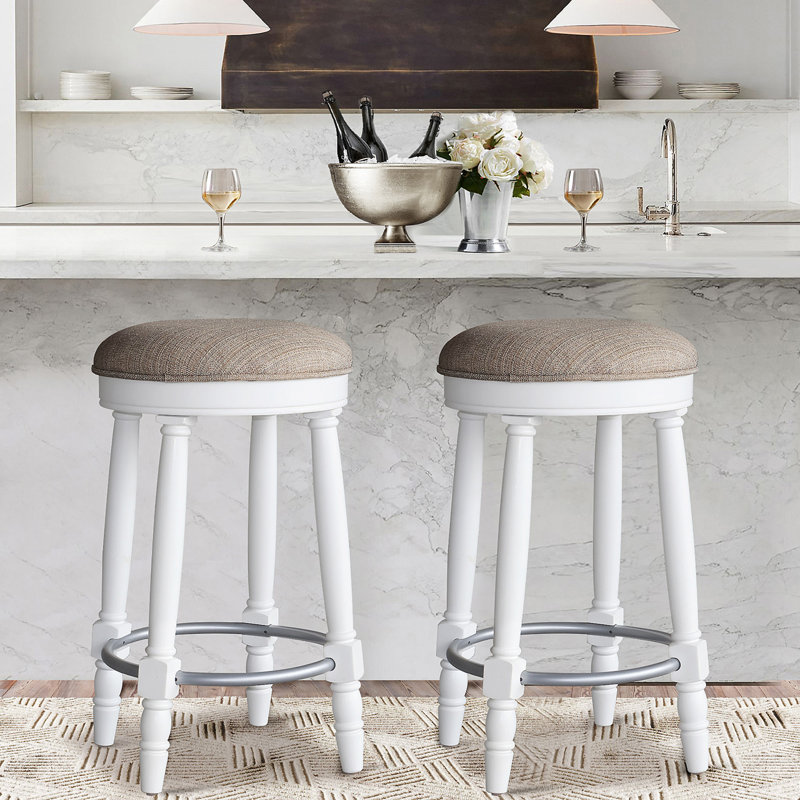 AGODY Bar Stools Set Of 2 (No Including  Table), Beige Seat/ White Frame