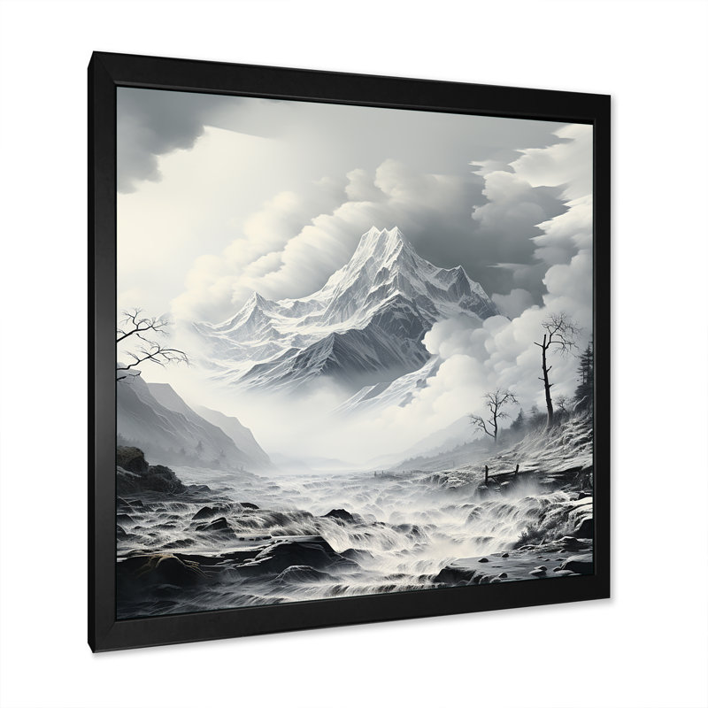 «Black and White Mountains Landscape Fog III», art mural fruits, H 16 po x l 16 po x P 1 po, Cadre simple noir