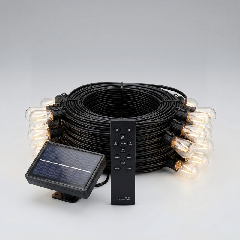 Solar Powered 130ft. Outdoor St38 Edison String Lights With 32 Bulbs & Remote - 2700k Warm White, 130" L