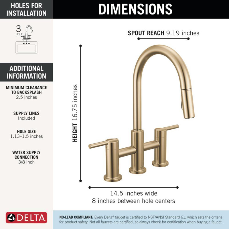 Nicoli Pull-Down Bridge Kitchen Sink Faucet, Two Handle Kitchen Faucet, Champagne Bronze