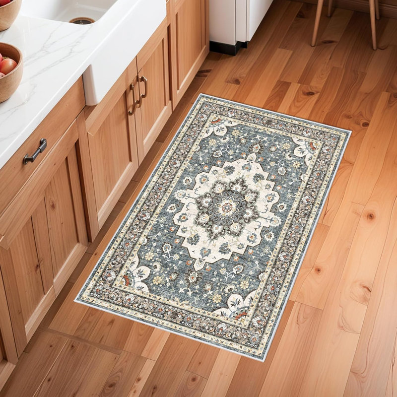 Washable Oriental Hallway Rug - Rugs for Living Room Soft Carpet for Bedroom Kitchen Waterproof Floral Distressed Indoor Stain Resistant Non-Shedding Floor Carpets (Blue)