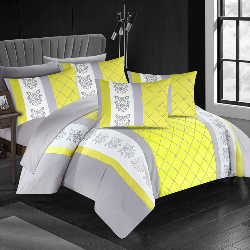 Microfiber Geometric Duvet Cover Set, Single (135cm x 200cm), Yellow & Grey