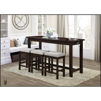 4Pc Counter Height Dining Set With Gray Finish, Built-In USB Ports, Power Outlets, And 3 Comfortable Stools For Modern Kitchens