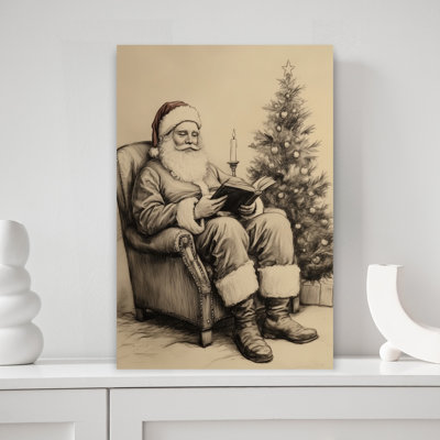 Santa Reading Christmas Book Classic Peaceful Traditional Christmas Tree Winter Landscape Wall Art Print 1 Piece Wrapped Canvas Wall Art