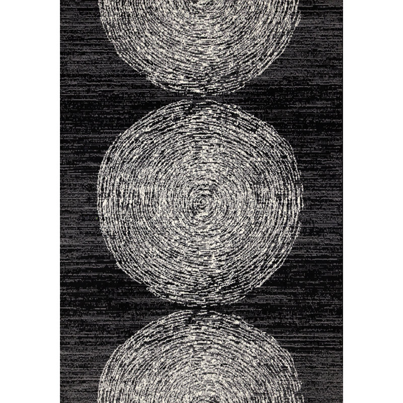 Manzelli Modern Circles Black White 7 x 10 Area Rug, Rectangle 6'7" x 9'6"