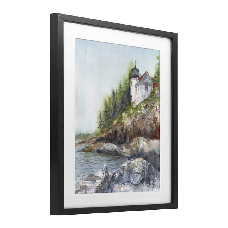 Reproduction sous verre encadrée du phare de Bass Harbor, conception de Patti Bishop, Cadre noir minuit sous verre