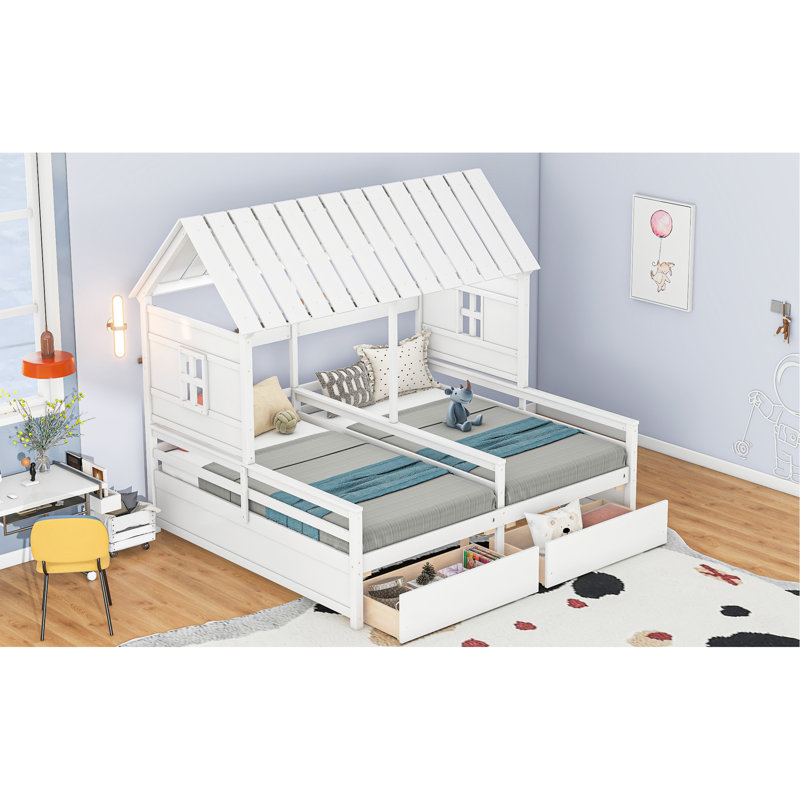 Lit plateforme House avec deux tiroirs pour lits partagés pour garçon et fille, combinaison de 2 lits simples côte à côte