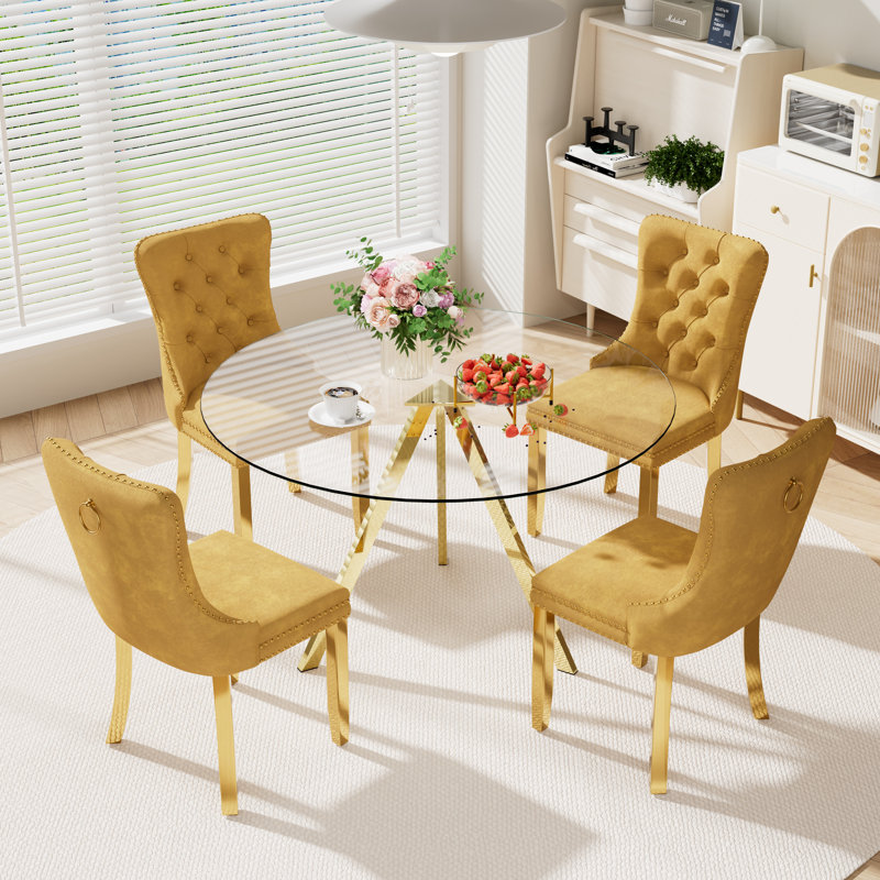 5-Piece Pedestal Gold Dining Set, Gold, 30" H x 47" W x 47" D