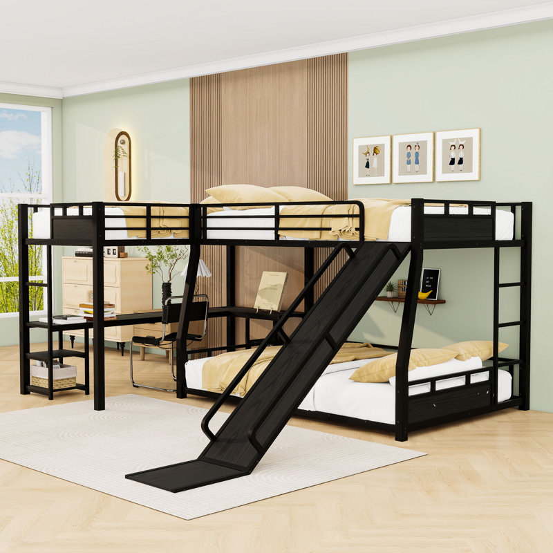 Lit superposé en métal avec bureau en L et tablettes de rangement, Double TG sur grand